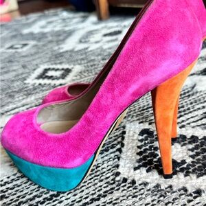 Stuart Weitzman 8.5 Suede Multicolored Platform Peep toe heels
